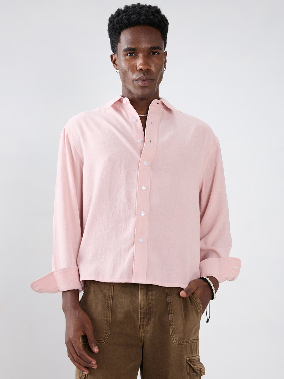Blush Pink Fine Weave Boxy Fit Crop Shirt