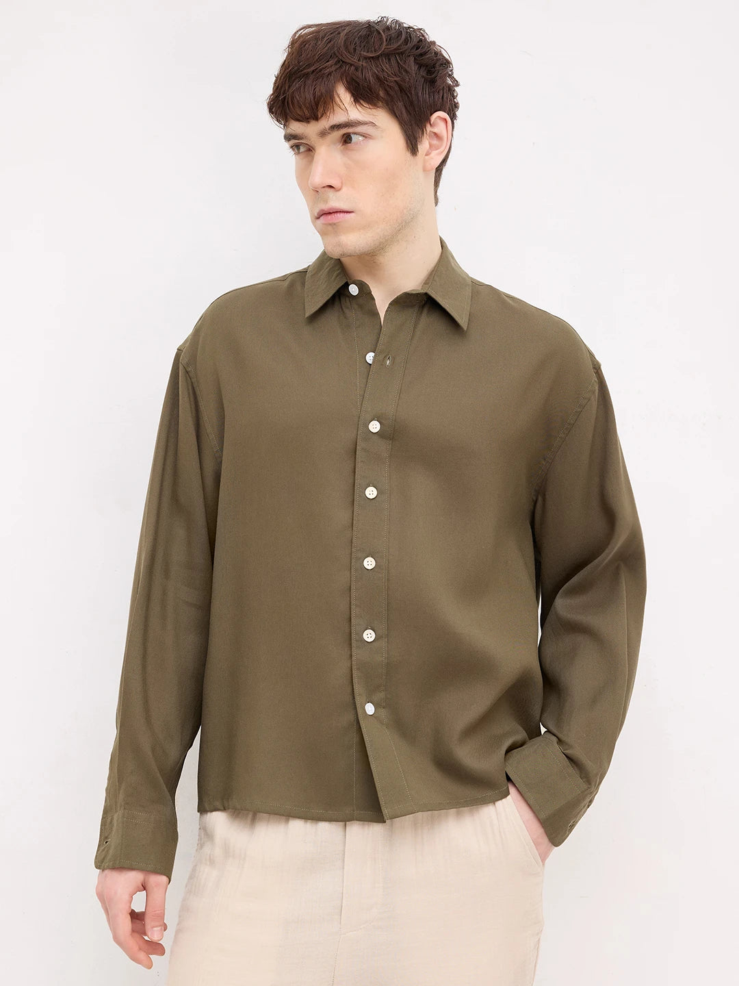 Deep Olive Boxy Fit Crop Shirt
