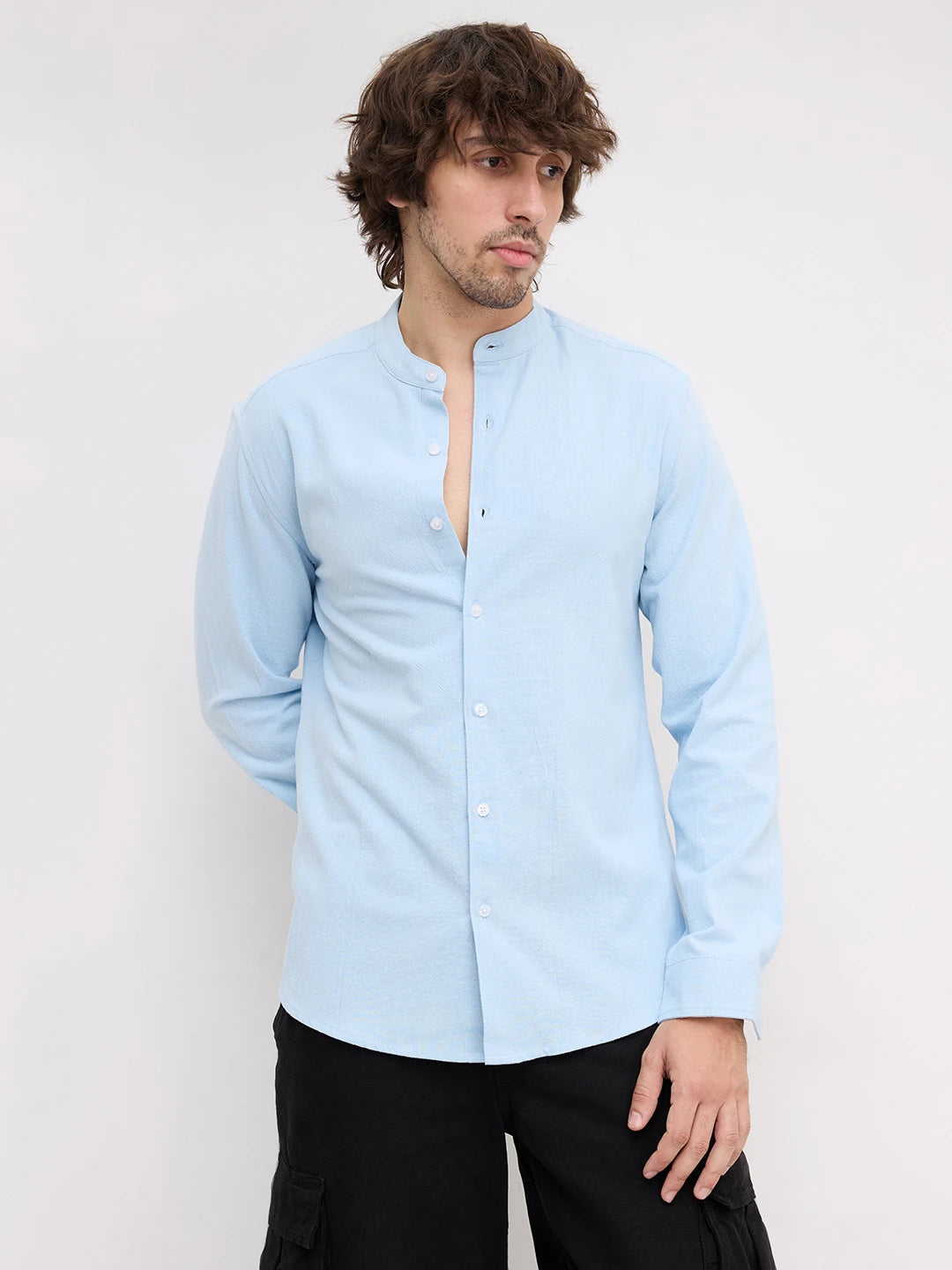 Refreshing Aqua Solid Blue Fine Mandarin Shirt
