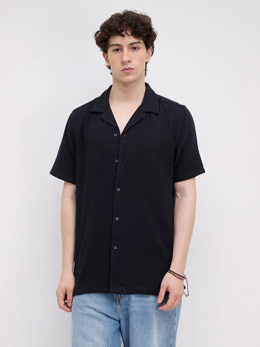 Black Double Cloth Notch Collar Oversized Shirt