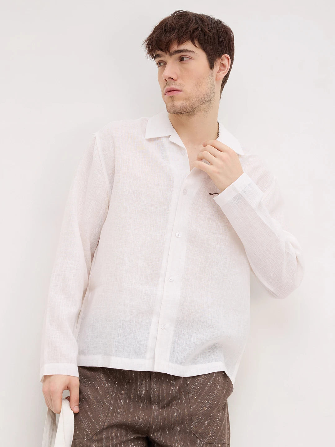 Off-White Sheer Textured Notch Collar Oversized Vacation Shirt