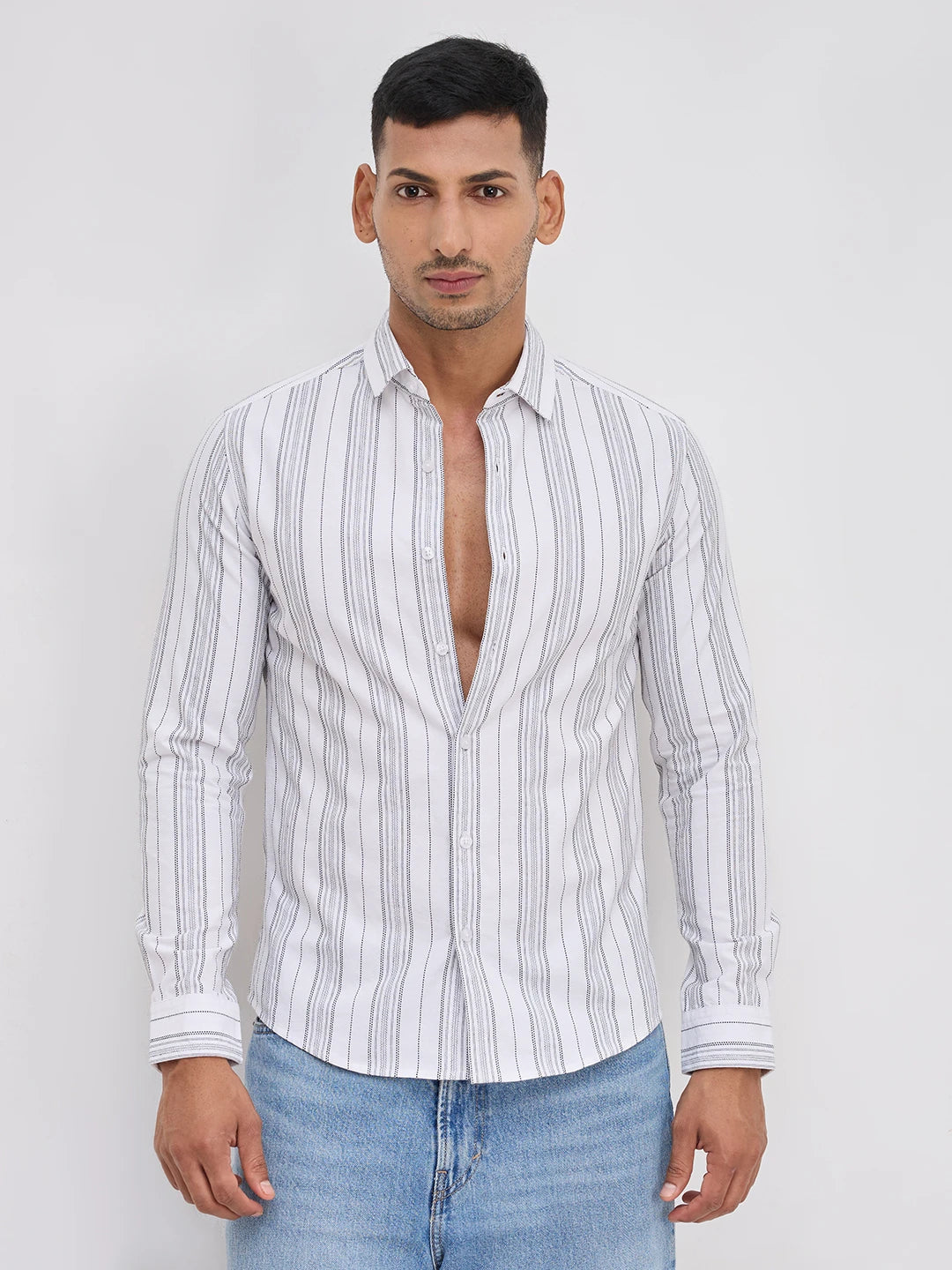 Monochrome Fine Threadwork Striped Shirt