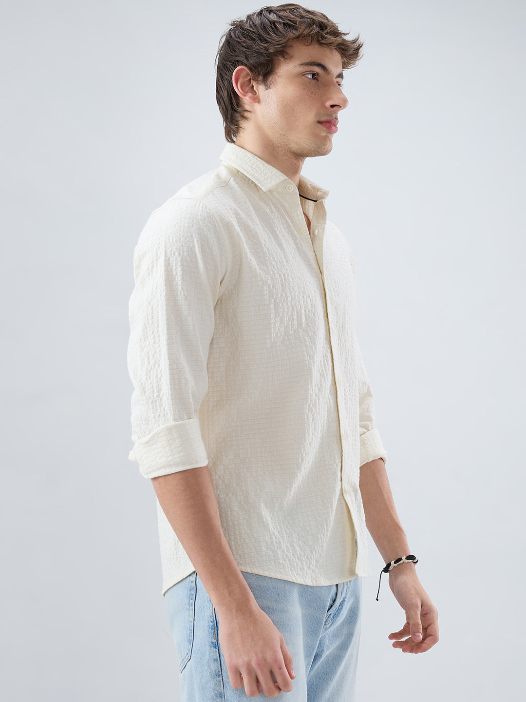 Luxe Ivory Double Coth Seersucker Box Checks Shirt