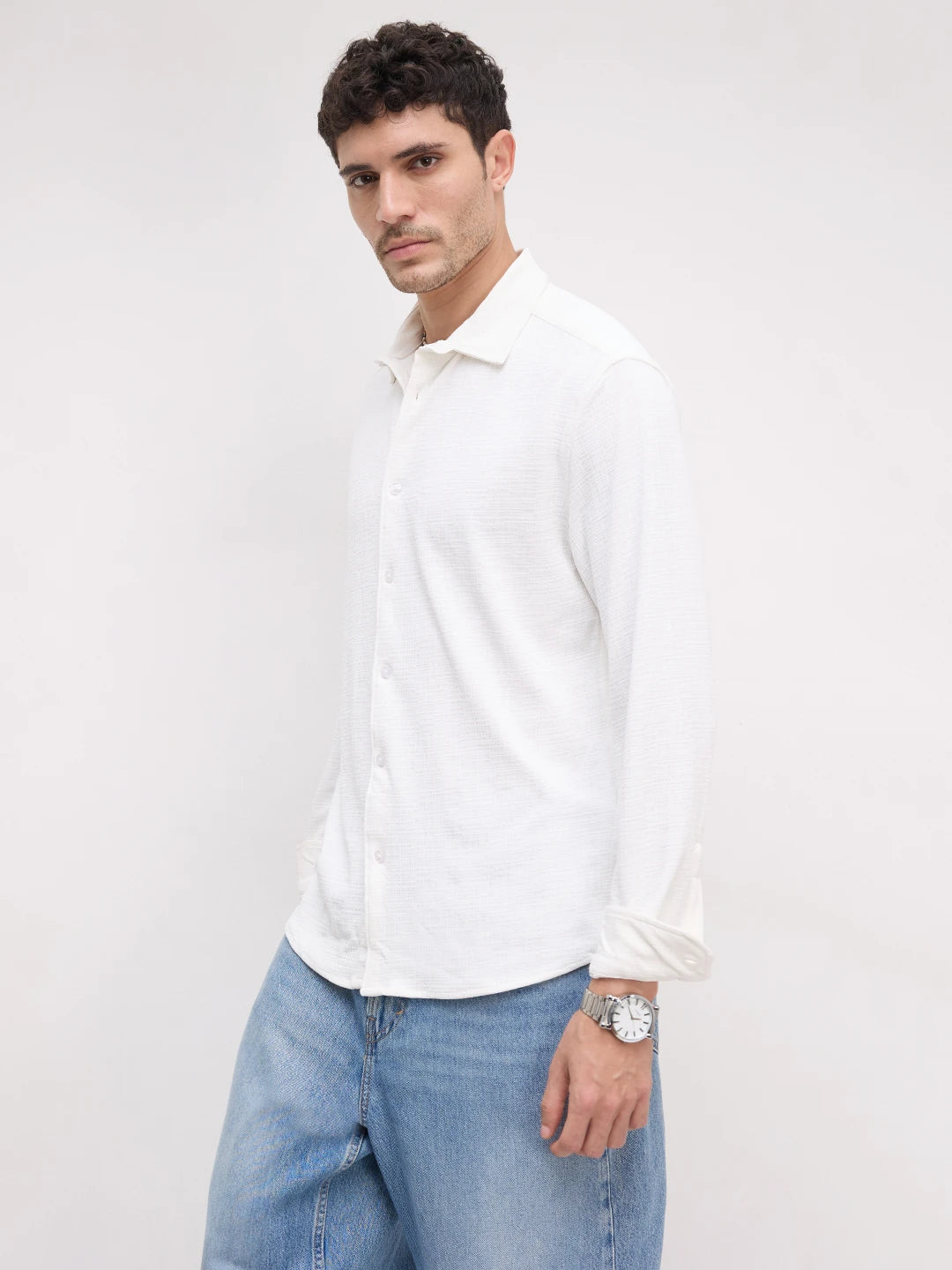 Snow White Mini Checks Textured Knitted Shirt
