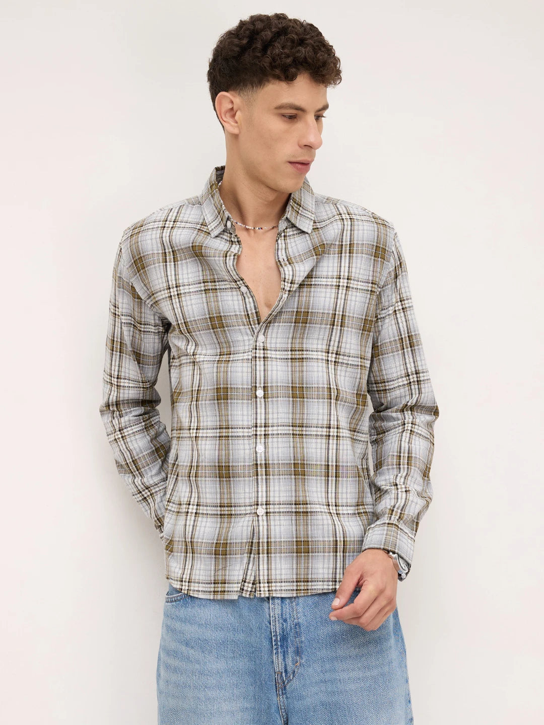 Olive & Grey Fine Striped Plaid Checks Shirt