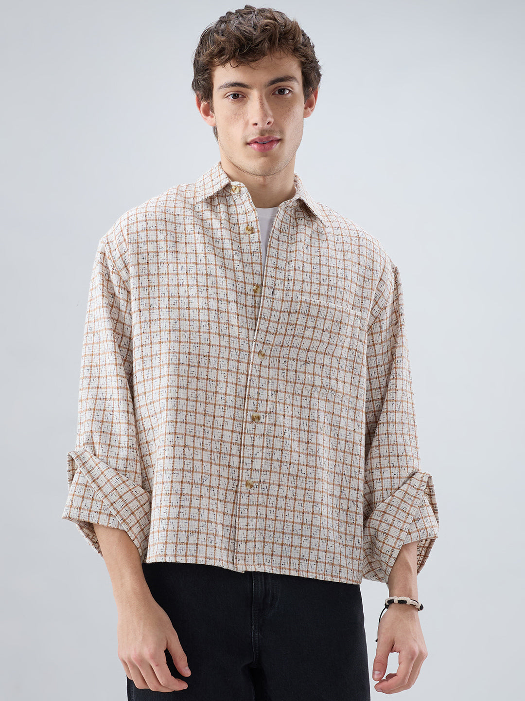 White & Brown Interweave Textured Cuffless Oversized Crop Shirt