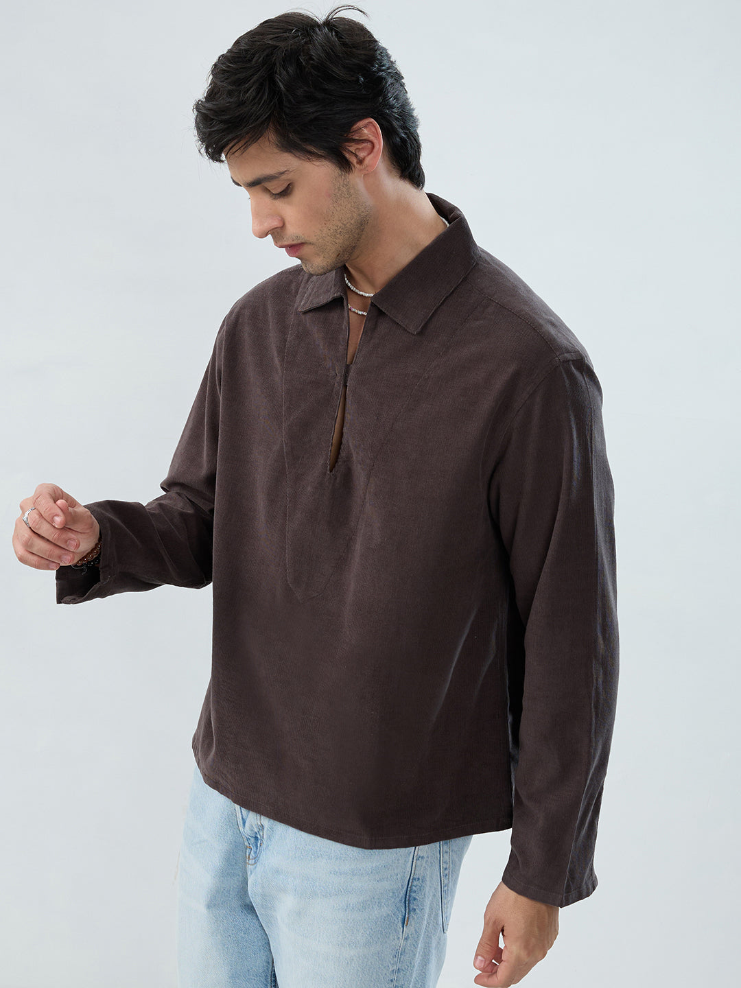 Charcoal Grey Corduroy Cuffless Oversized Shirt