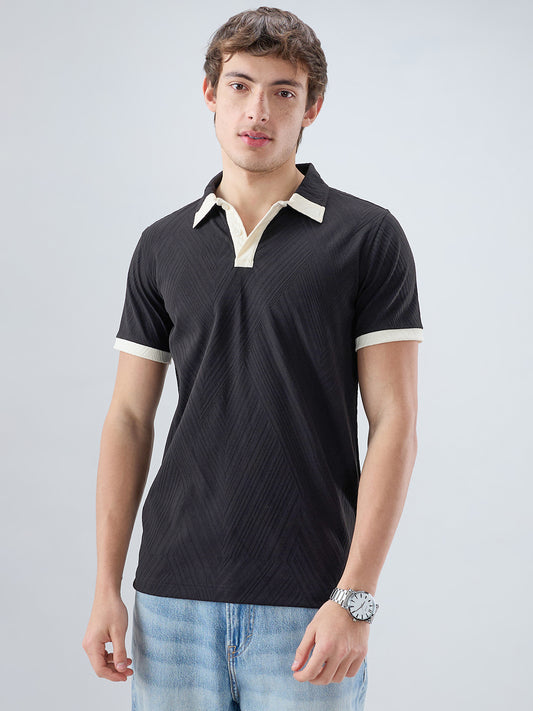 Black Chevron Contrast Polo Neck Knit T-shirt