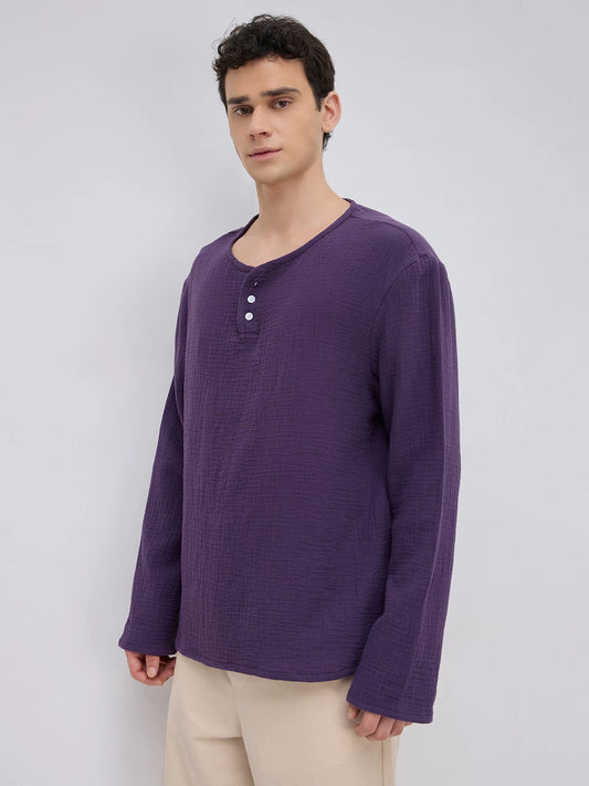 Aubergine Purple Double Cloth Henley Neck Oversized Shirt