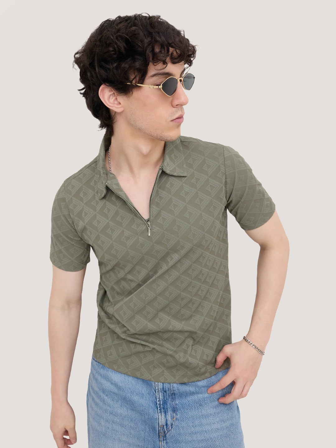 Olive Mist Diamond Embossed Zip Polo Tee