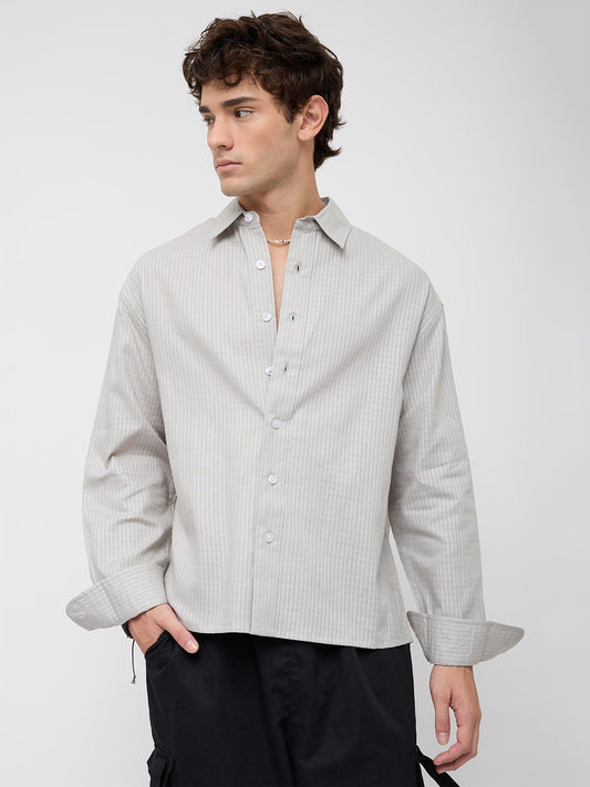 Misty Grey Fine Grid Weave Boxy Fit Crop Shirt