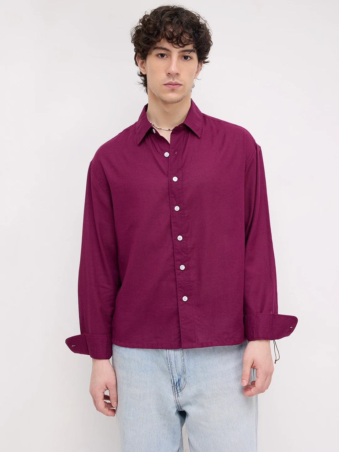 Luxe Maroon Micro Square Textured Boxy Fit Crop Shirt