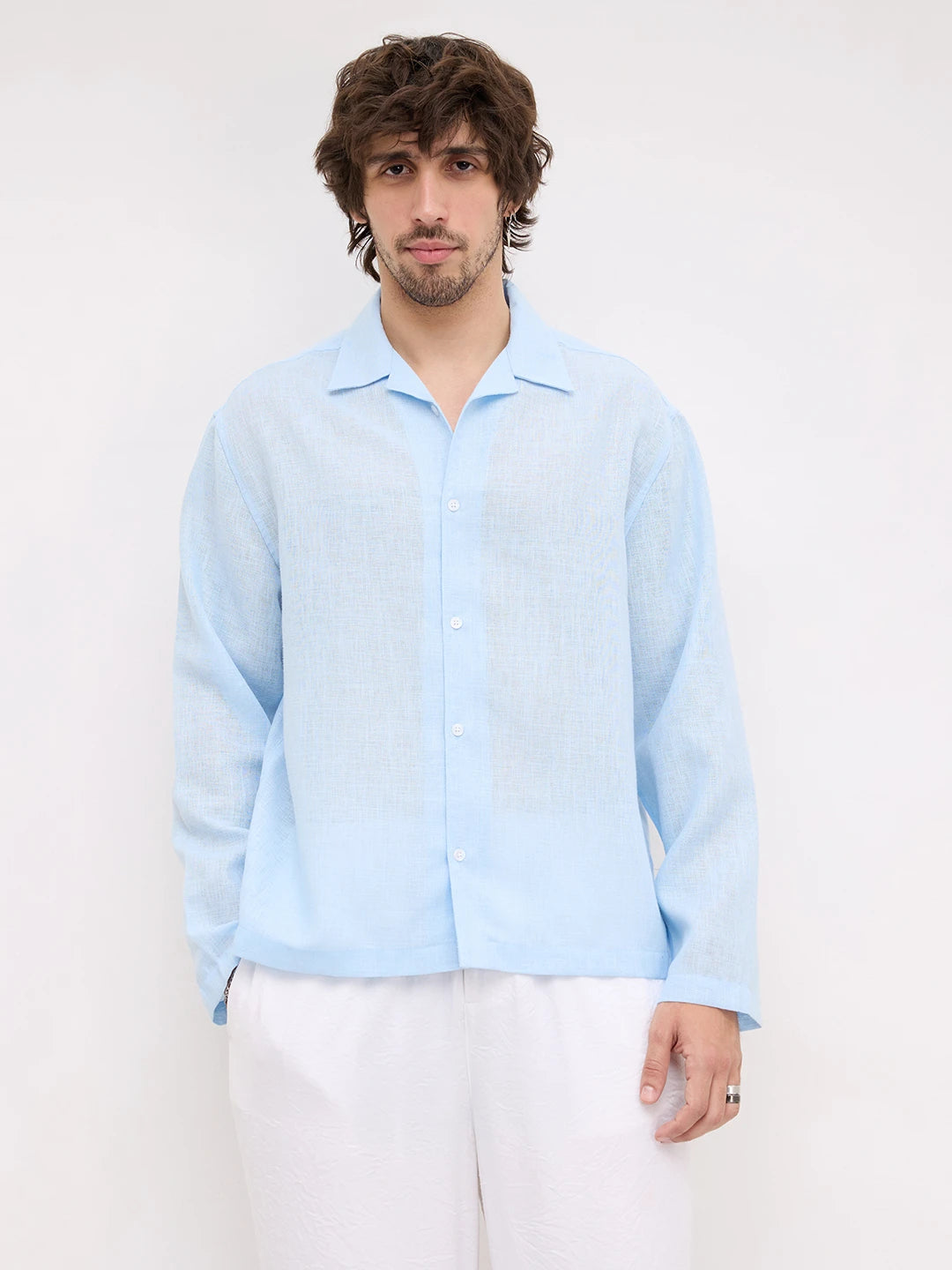 Iceberg Blue Sheer Textured Notch Collar Oversized Vacation Shirt