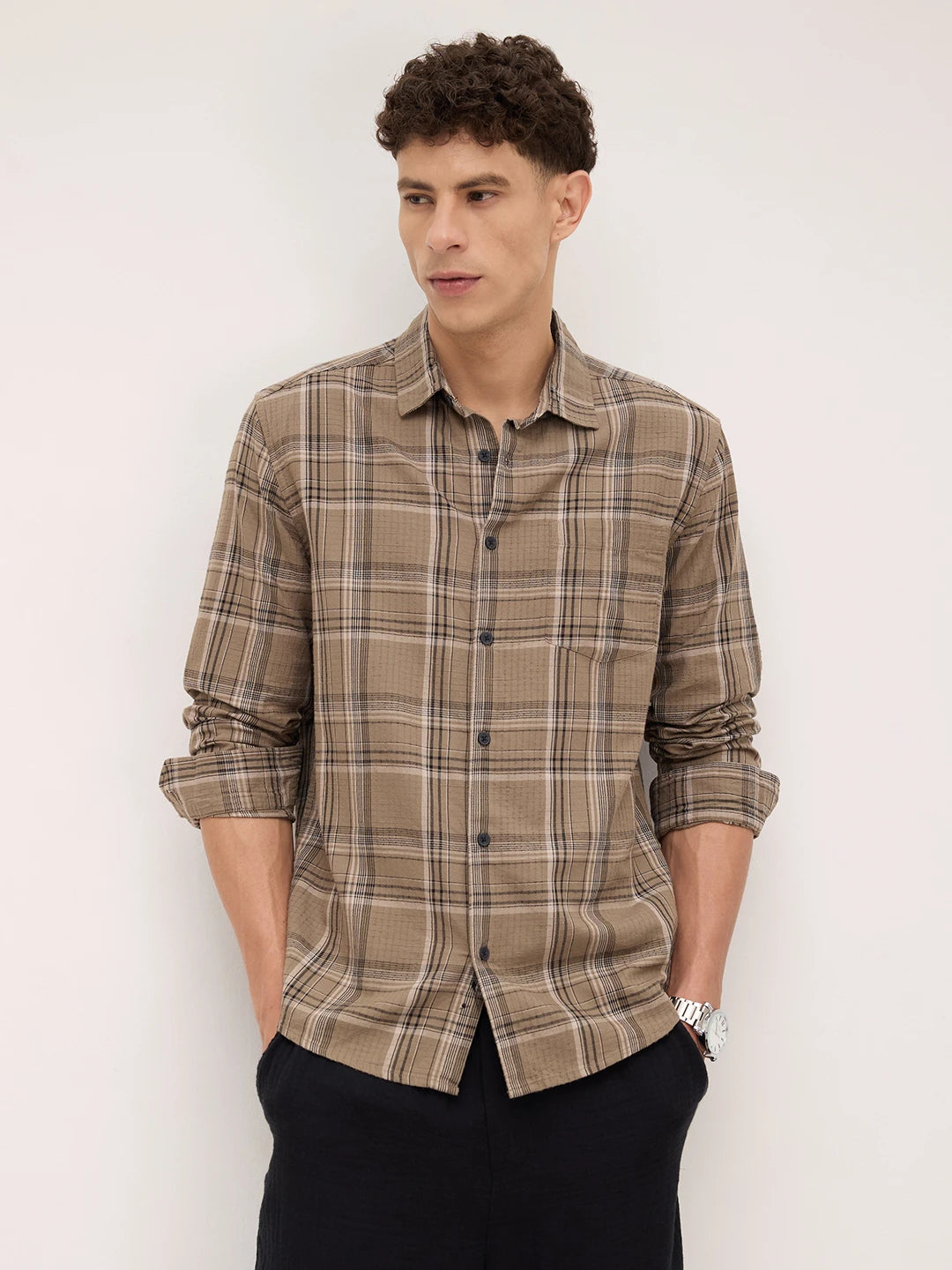 Spiffy Olive & Black Tartan Checks Shirt