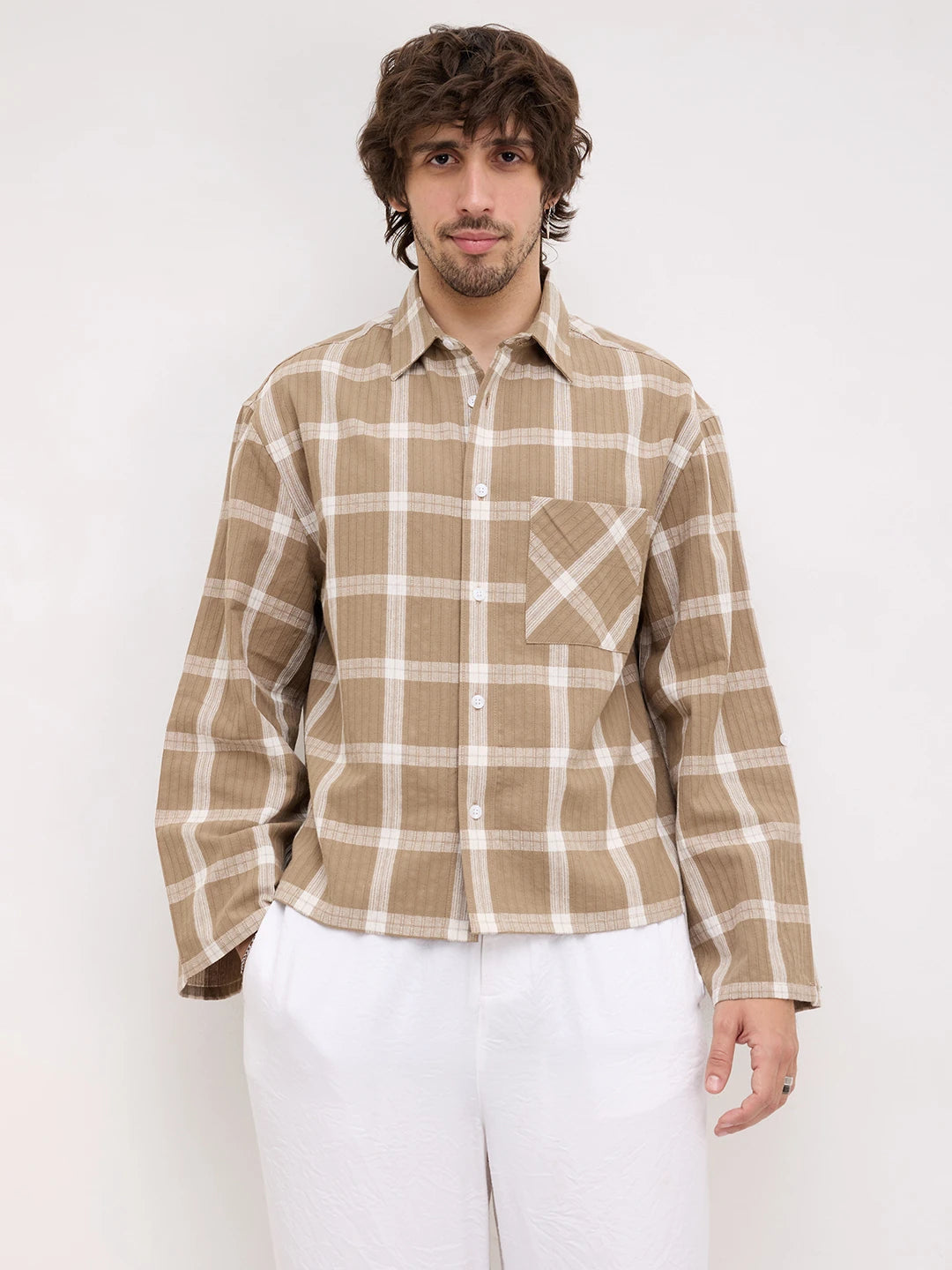 Taupe Ladder Striped Windowpane Checks Cuffless Oversized Crop Shirt