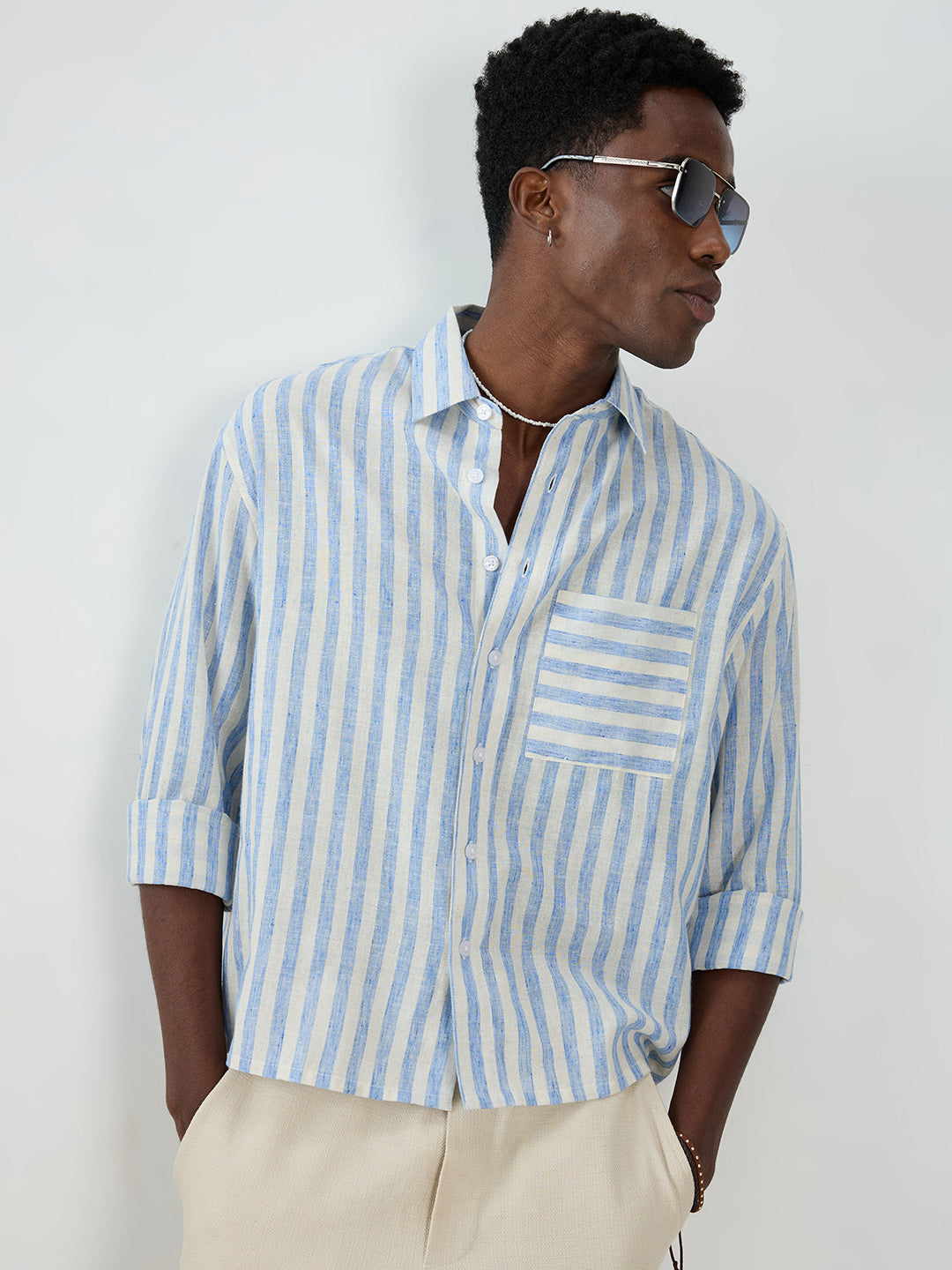 Blue & Off-White Striped Boxy Fit Crop Shirt