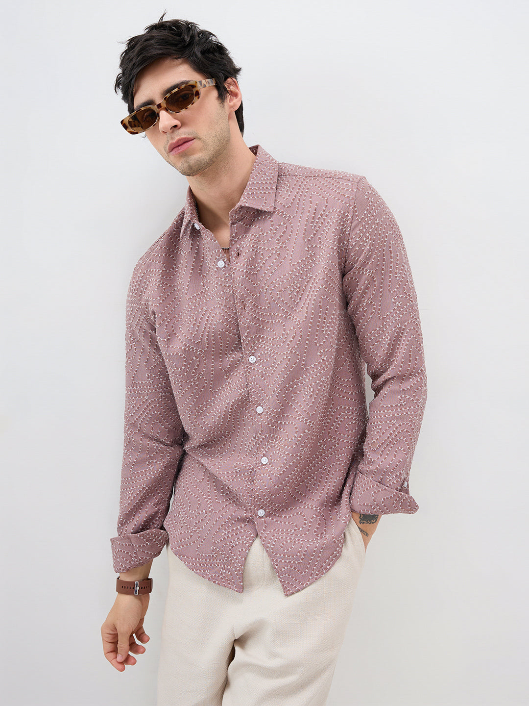 Ornate Brown Thread Flow Raised Stitch Shirt