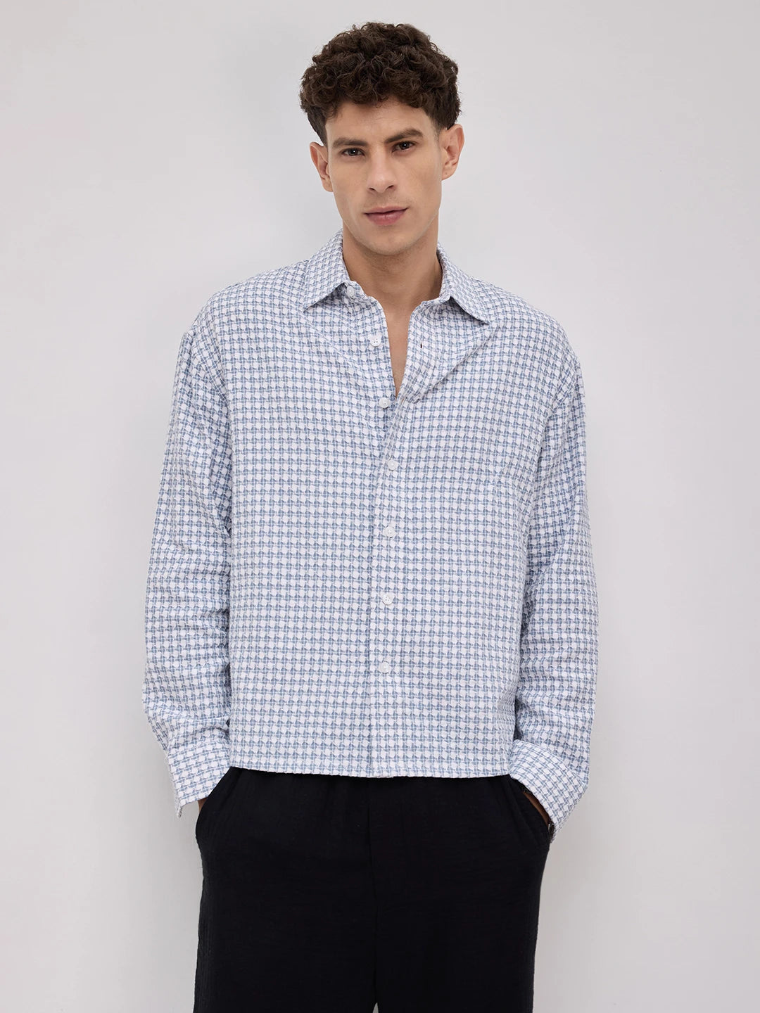 Slate Blue Mosaic Textured Boxy Fit Crop Shirt