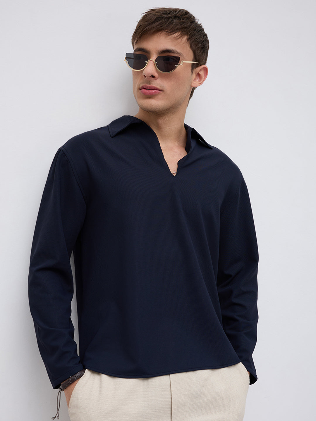 Navy Oversized Polo Tencel Knit Shirt
