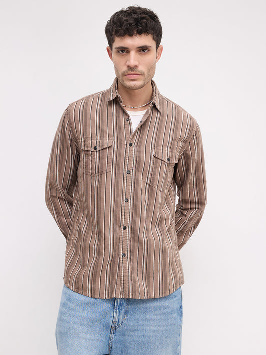 Rustic Bark Brown Multi-Stripe Twin Pocket Corduroy Shirt