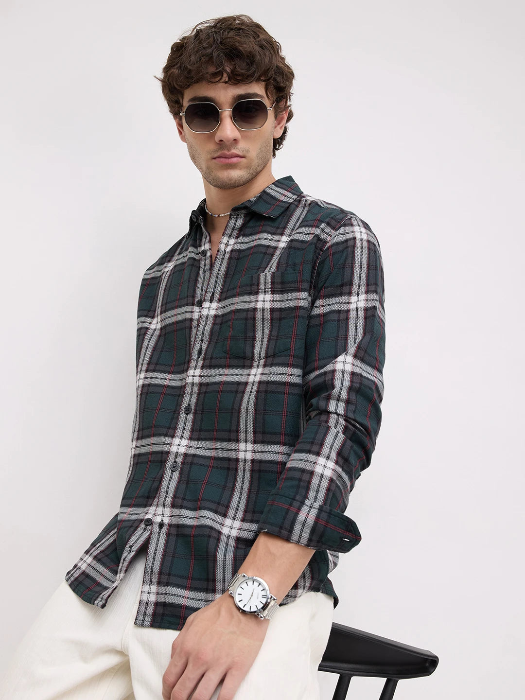 Deep Forest Green Contrast Checks Shirt