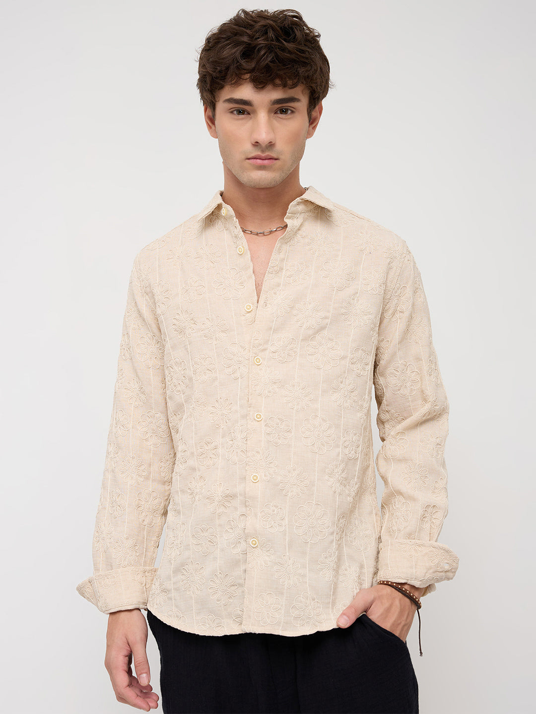 Serene Whispering Bloom Bisque Beige Embroidered Shirt