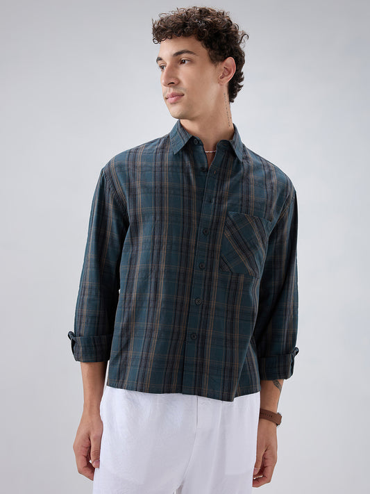 Deep Forest Green Plaid Checks Boxy Fit Crop Shirt