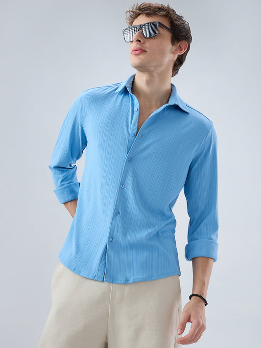 Sky Blue Fine Vertical Ribbed Knitted Shirt