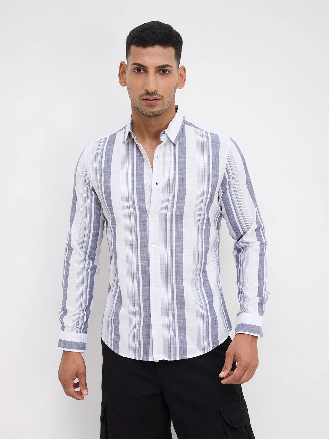 White & Navy Broad Striped Shirt