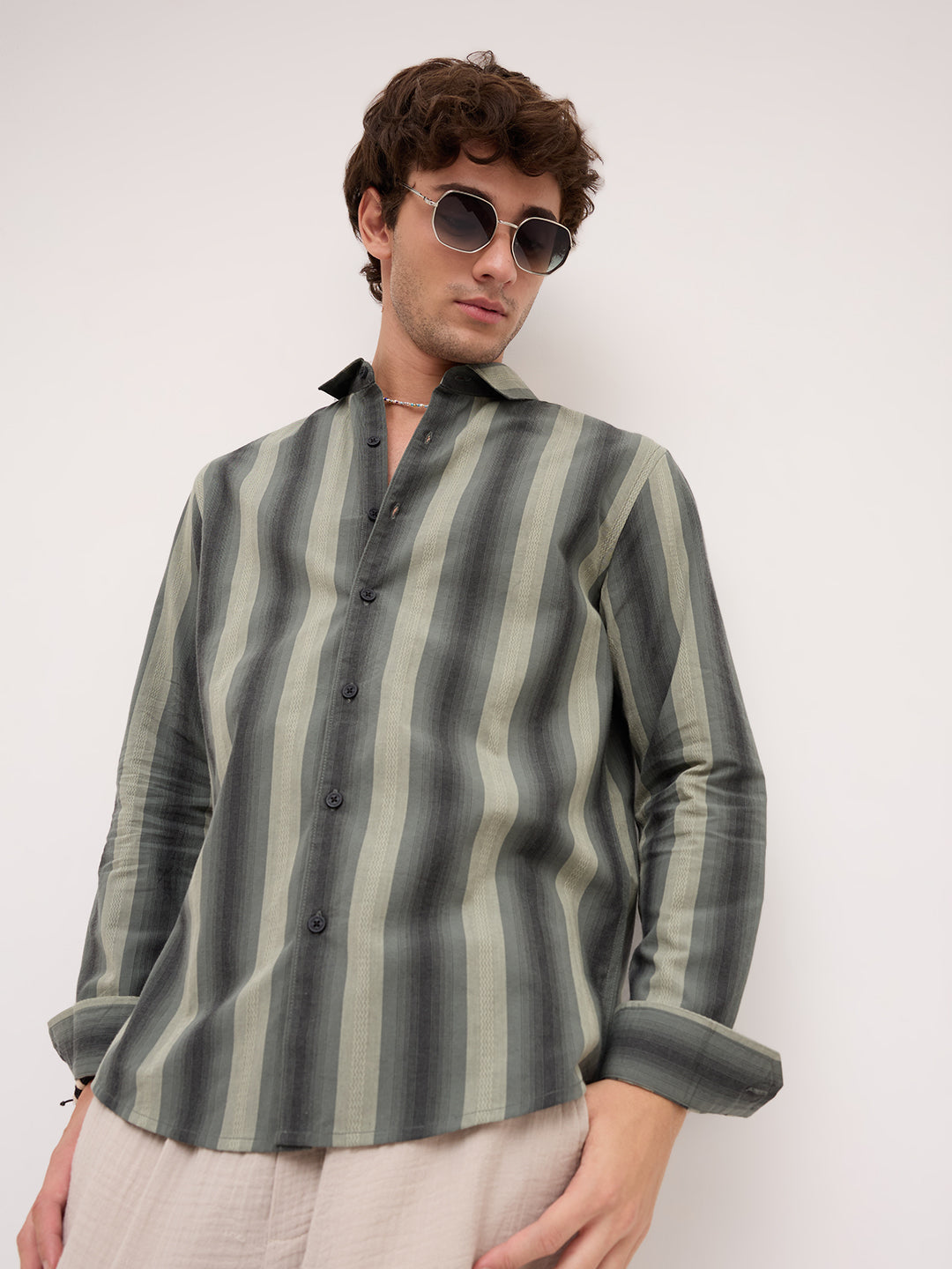Olive Atrisan Shadow Woven Striped Statement Shirt