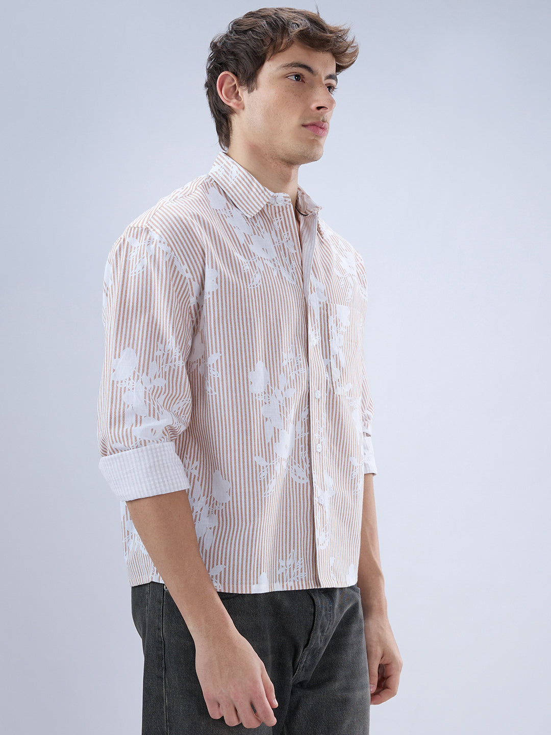 Brown & White Contemporary Floral Boxy Fit Crop Shirt