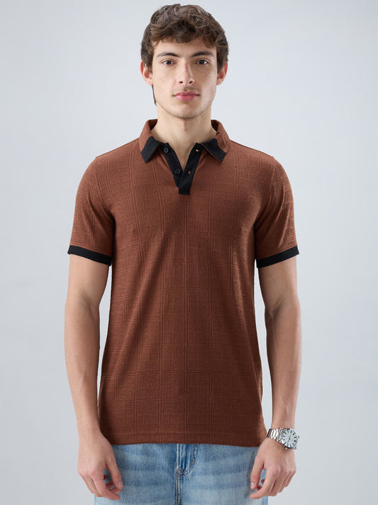 Brown Contrast Polo Neck Knit T-shirt