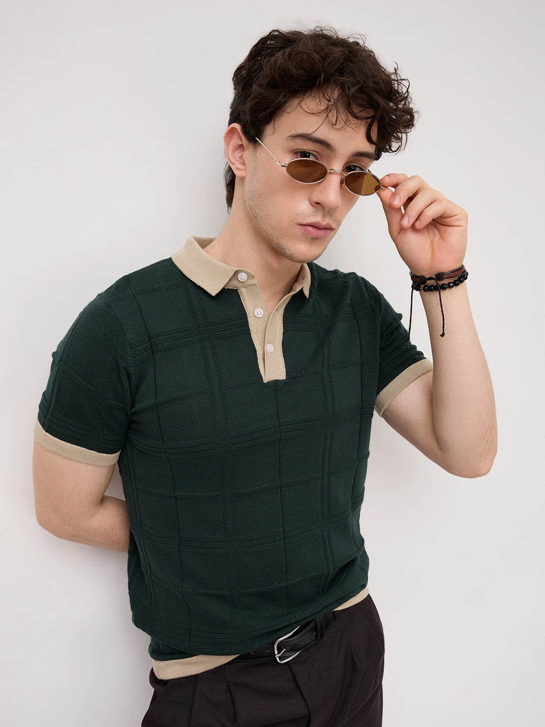 Emerald Green Windowpane Textured Contrast Polo Flat Knit T-Shirt