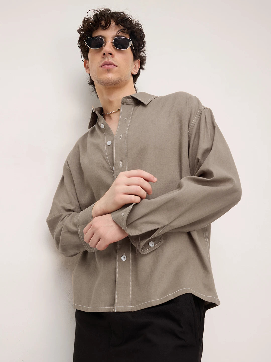 Luxe Soft Khaki Linen Blend Boxy Fit Crop Shirt