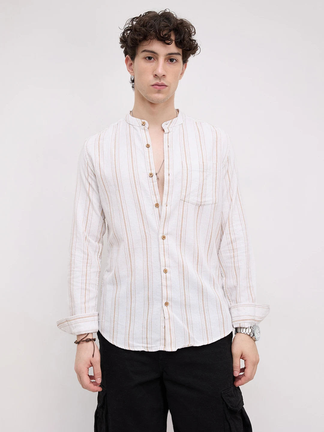 Beige & White Stripes Mandarin Shirt