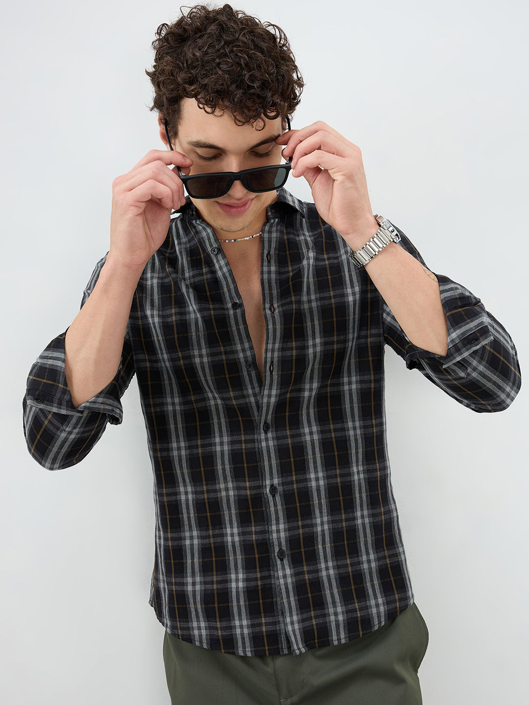 Rich Black Contrast Windowpane Checks Shirt