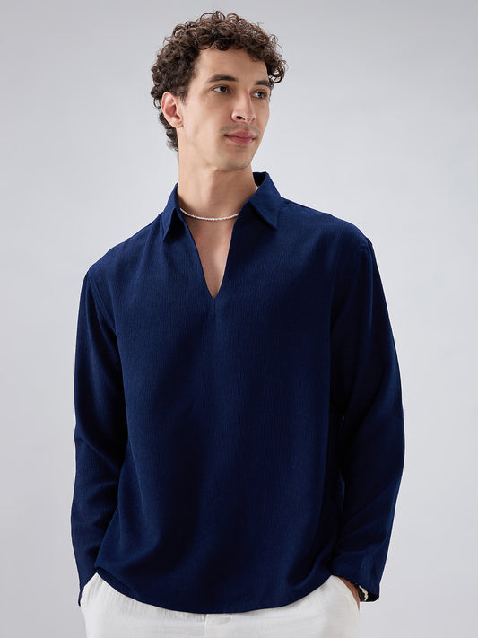 Midnight Navy Crepe Oversized Polo Shirt