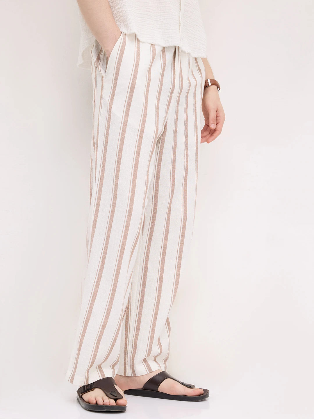 White & Brown Striped Straight Fit Trousers