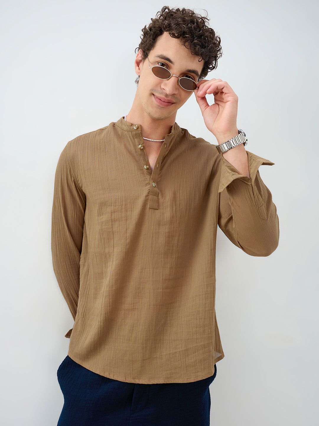 Sheer Khaki Linear Crepe Kurta