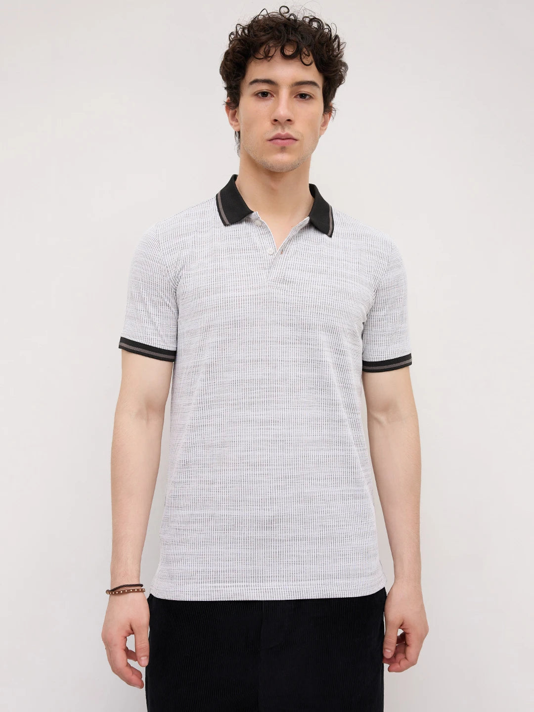 White Stripe Textured Contrast Polo Knit T-Shirt
