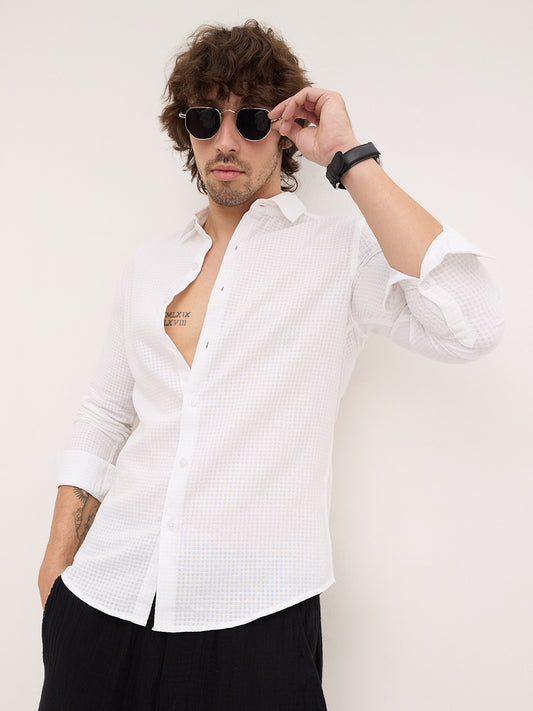Sheer White Mini Square Checks Textured Vacation Shirt
