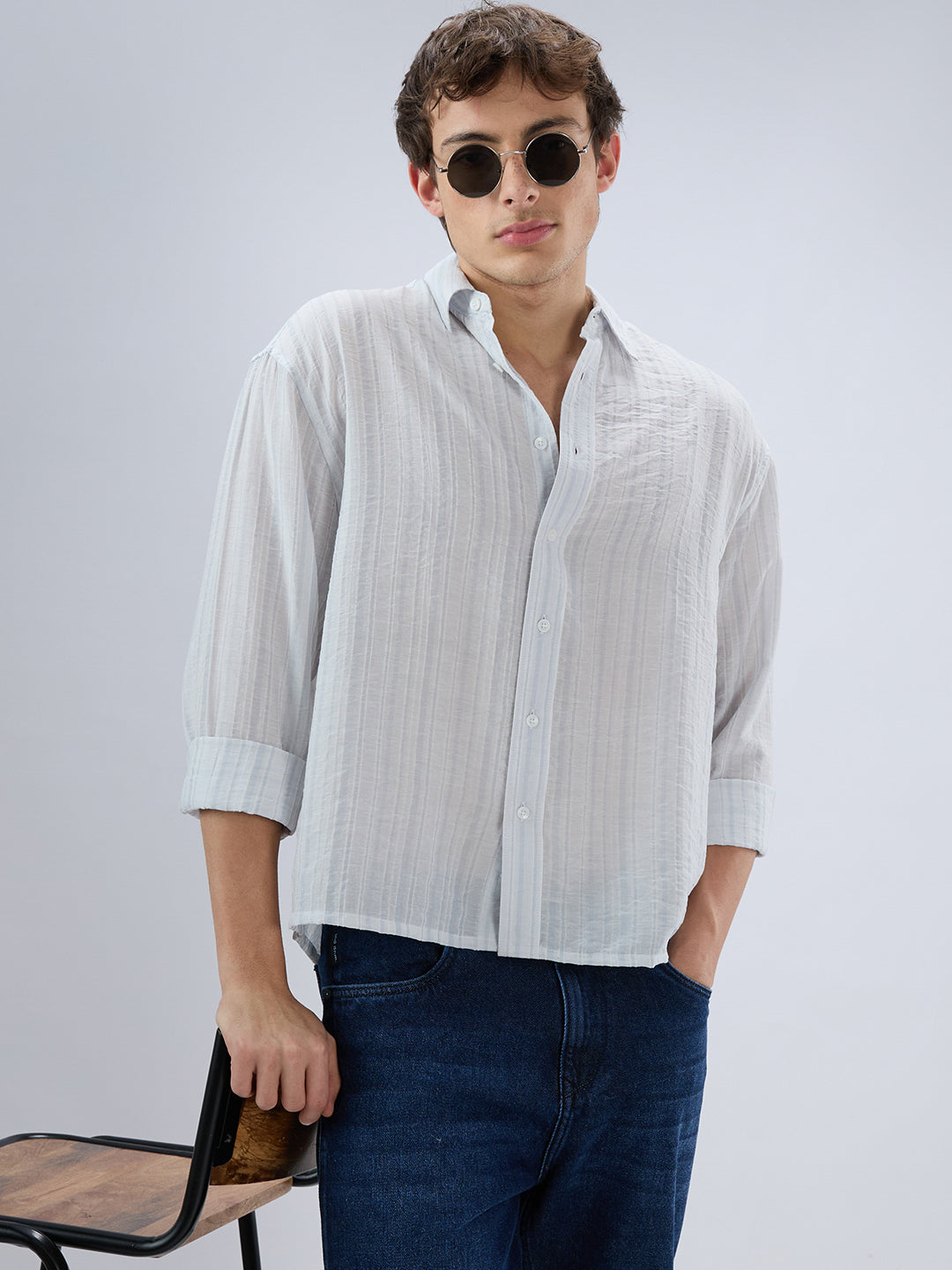 Elegant Cloud Grey Airstripe Crinkled Boxy Fit Crop Shirt