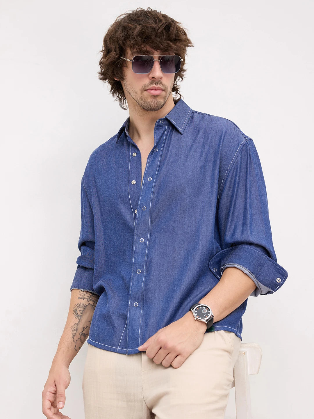 Navy Soft Sheen Woven Contrast Stitch Boxy Fit Crop Shirt
