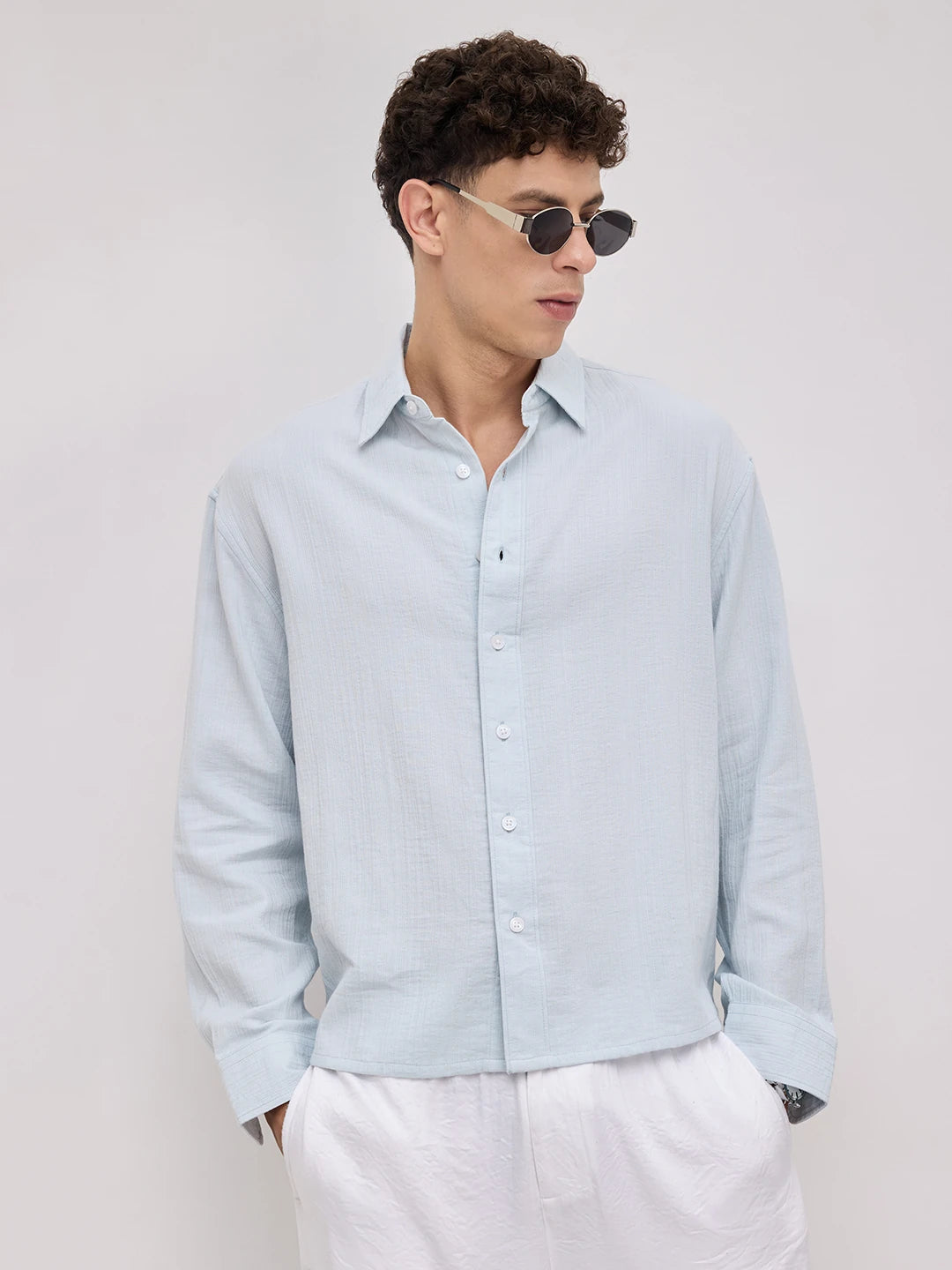 Plush Baby Blue Double Cloth Seersucker Striped Boxy Fit Crop Shirt