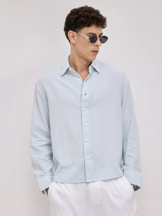 Plush Baby Blue Double Cloth Seersucker Striped Boxy Fit Crop Shirt