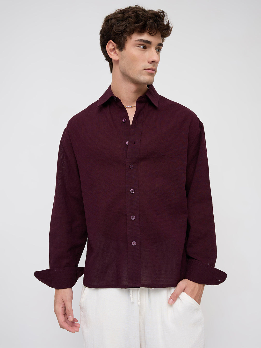 Wine Micro Jacquard Weave Boxy Fit Crop Shirt