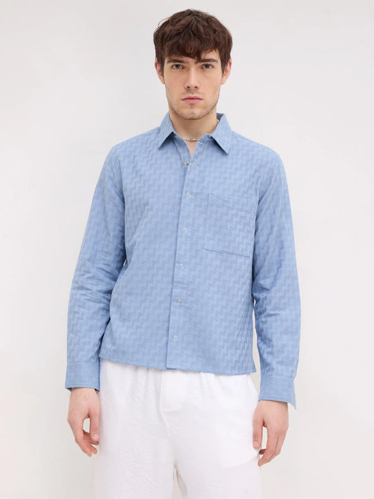 Elevated Blue Maze Textured Straight Hem Crop Shirt