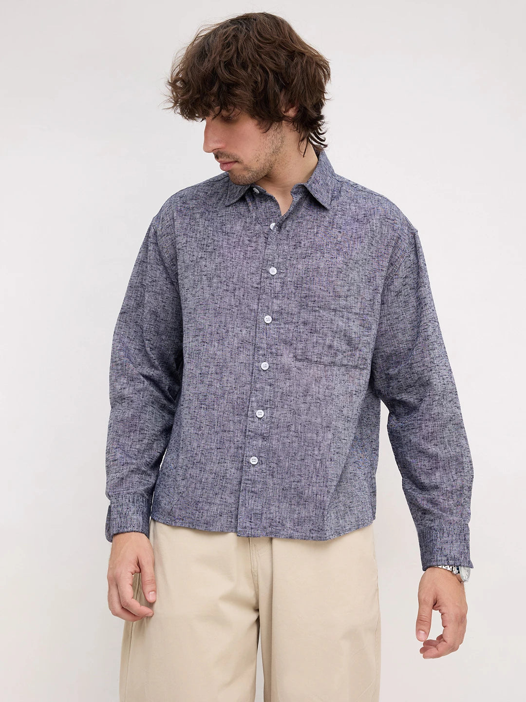 Navy Melange Textured Boxy Fit Crop Shirt