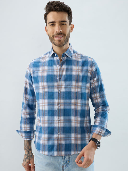 Premium Powder Blue Plaid Checks Denim Textured Shirt