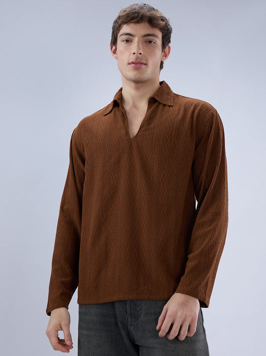 Luxe Brown Fine Lozenge Weave Polo Oversized Shirt